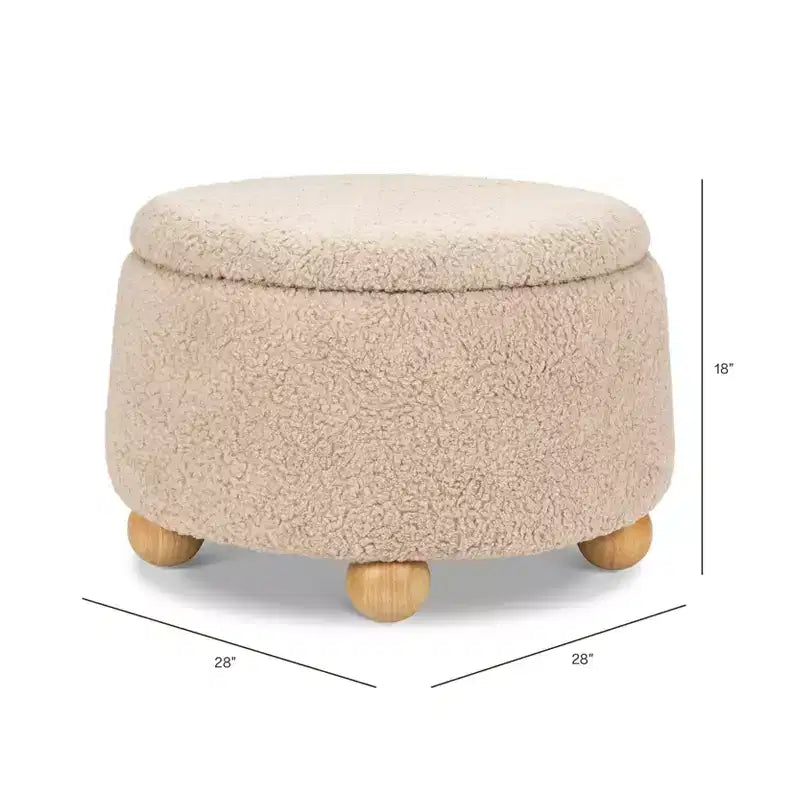 Pouf rotondo contenitore con coperchio sollevabile e piedini in legno a sfera