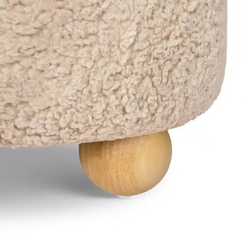 Pouf rotondo contenitore con coperchio sollevabile e piedini in legno a sfera