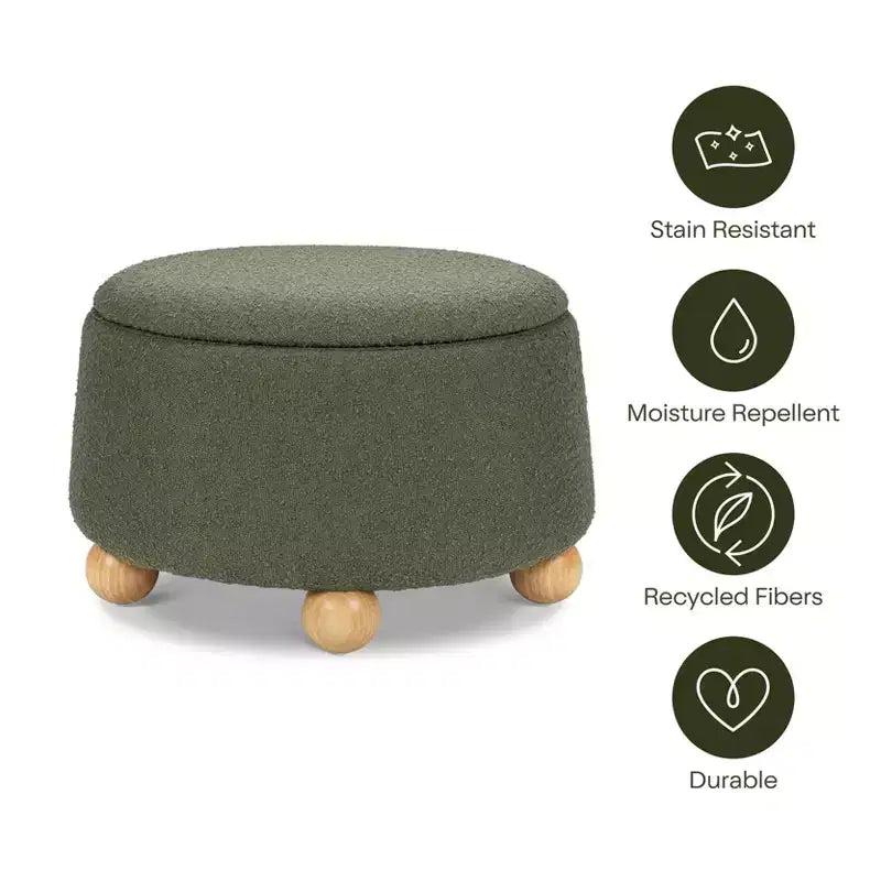 Pouf rotondo contenitore con coperchio sollevabile e piedini in legno a sfera