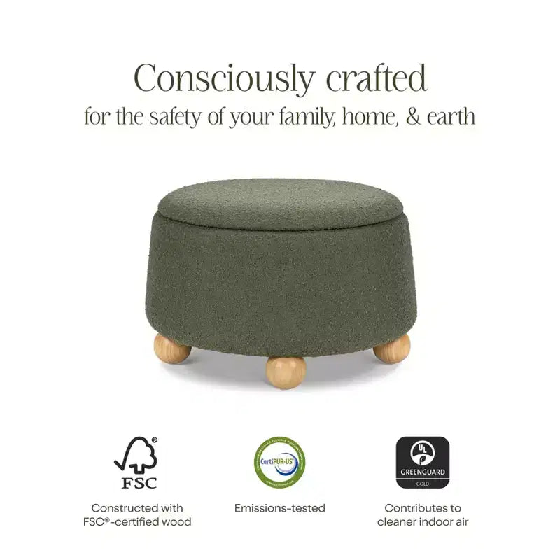 Pouf rotondo contenitore con coperchio sollevabile e piedini in legno a sfera