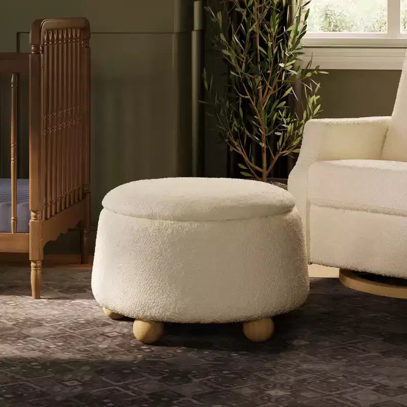 Pouf rotondo contenitore con coperchio sollevabile e piedini in legno a sfera