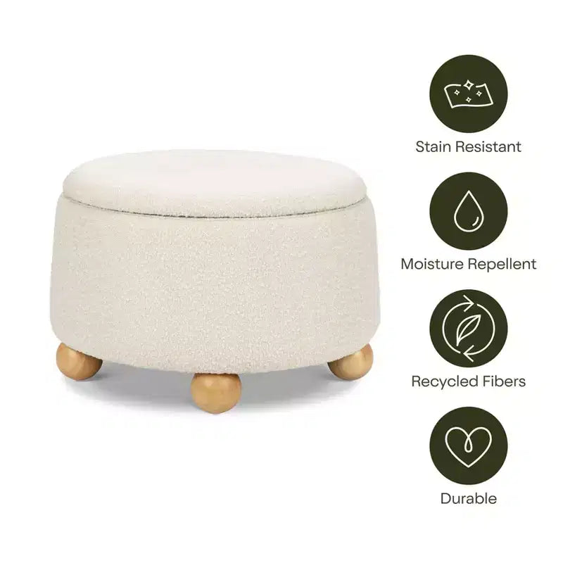 Pouf rotondo contenitore con coperchio sollevabile e piedini in legno a sfera