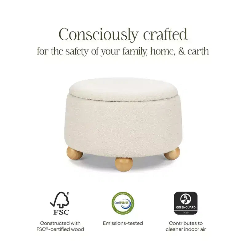 Pouf rotondo contenitore con coperchio sollevabile e piedini in legno a sfera