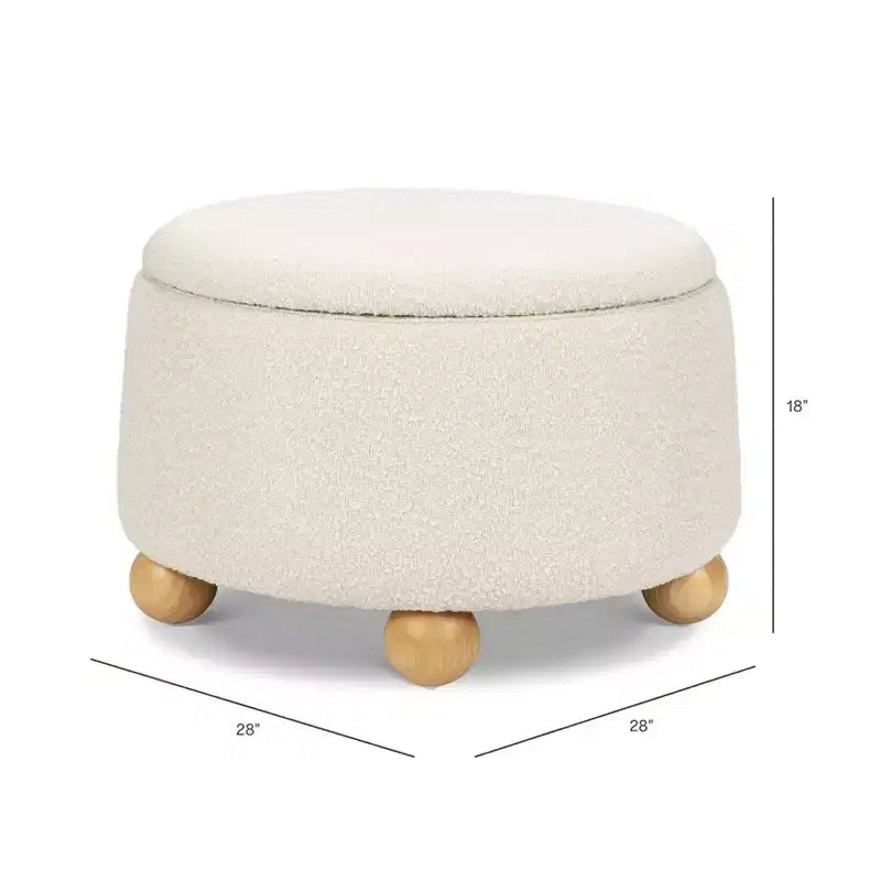 Pouf rotondo contenitore con coperchio sollevabile e piedini in legno a sfera