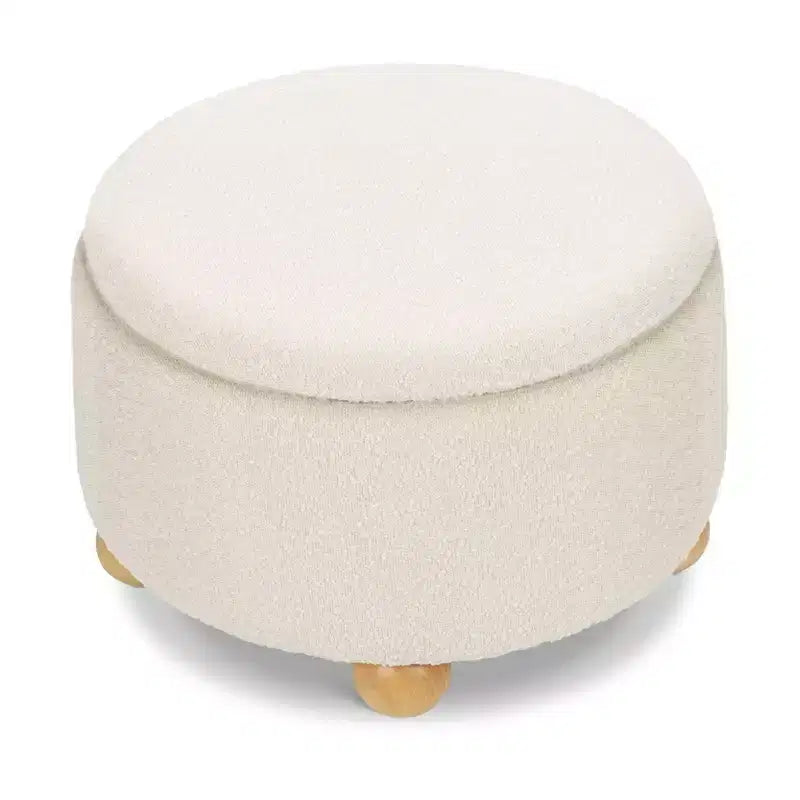 Pouf rotondo contenitore con coperchio sollevabile e piedini in legno a sfera