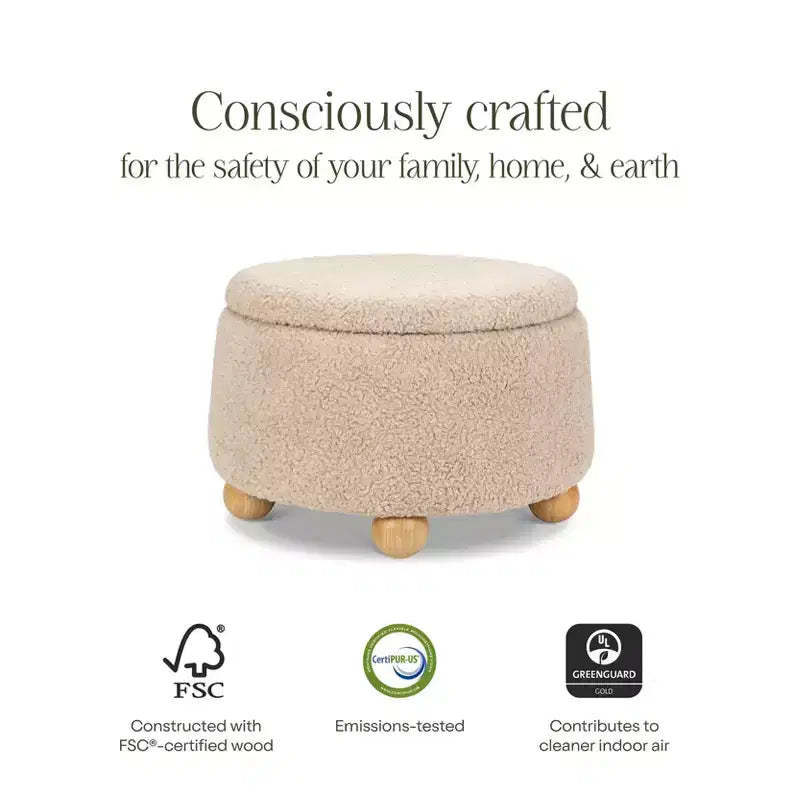 Pouf rotondo contenitore con coperchio sollevabile e piedini in legno a sfera