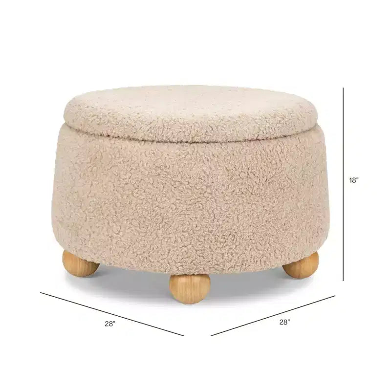 Pouf rotondo contenitore con coperchio sollevabile e piedini in legno a sfera
