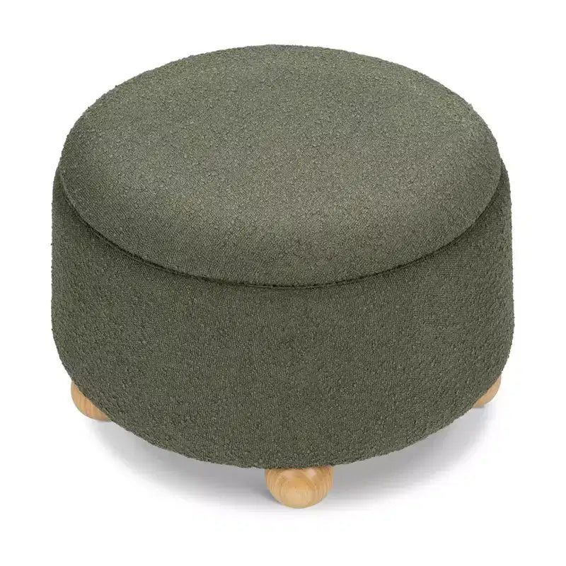 Pouf rotondo contenitore con coperchio sollevabile e piedini in legno a sfera