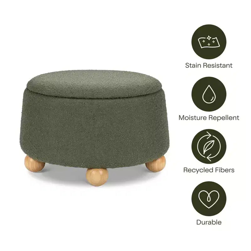 Pouf rotondo contenitore con coperchio sollevabile e piedini in legno a sfera