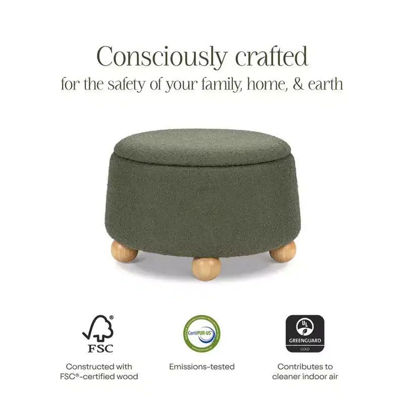 Pouf rotondo contenitore con coperchio sollevabile e piedini in legno a sfera
