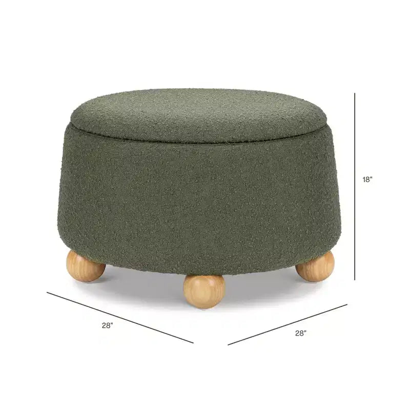 Pouf rotondo contenitore con coperchio sollevabile e piedini in legno a sfera