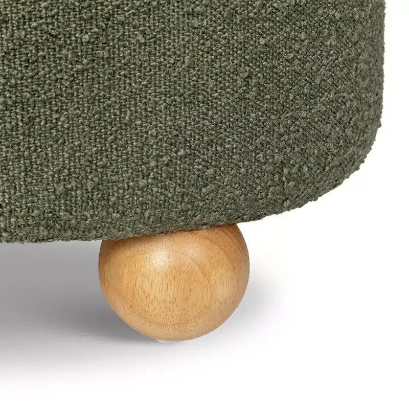 Pouf rotondo contenitore con coperchio sollevabile e piedini in legno a sfera