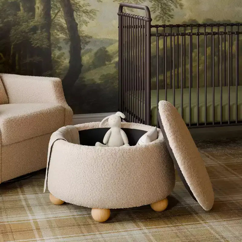 Pouf rotondo contenitore con coperchio sollevabile e piedini in legno a sfera