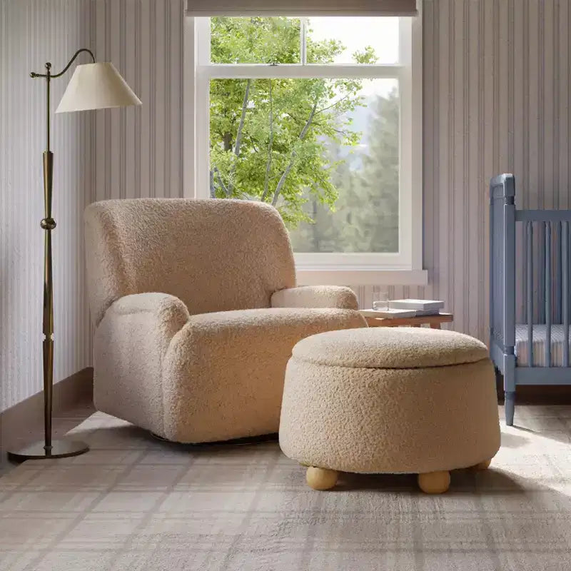 Pouf rotondo contenitore con coperchio sollevabile e piedini in legno a sfera