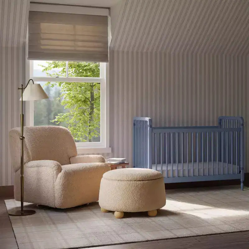 Pouf rotondo contenitore con coperchio sollevabile e piedini in legno a sfera