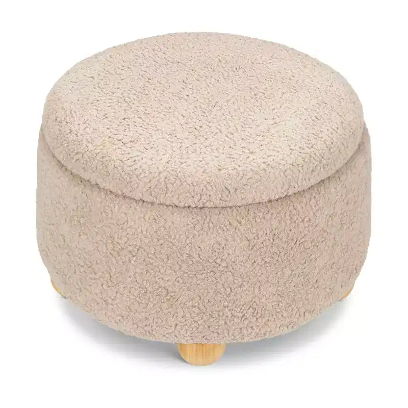 Pouf rotondo contenitore con coperchio sollevabile e piedini in legno a sfera