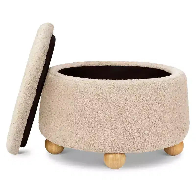 Pouf rotondo contenitore con coperchio sollevabile e piedini in legno a sfera