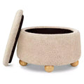 Pouf rotondo contenitore con coperchio sollevabile e piedini in legno a sfera