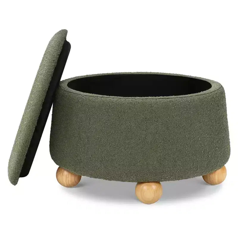 Pouf rotondo contenitore con coperchio sollevabile e piedini in legno a sfera