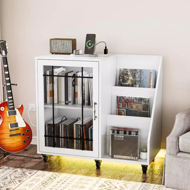 Mobile per giradischi con vano portadischi in vinile e stazione di ricarica LED