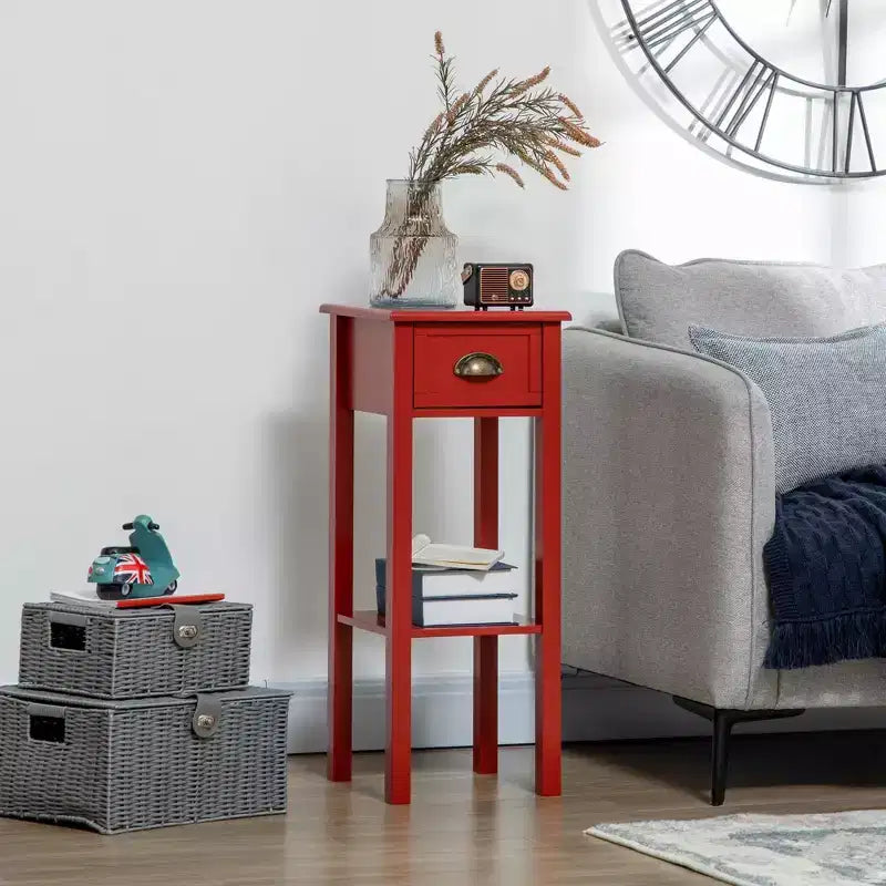 Okak Vintage 2-Tier Side Table with Drawer and Metal Handle, Narrow End Table with Bottom Shelf, Accent Table for Sofa Side, Living Room
