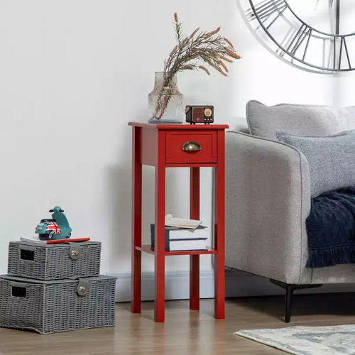 Okak Vintage 2-Tier Side Table with Drawer and Metal Handle, Narrow End Table with Bottom Shelf, Accent Table for Sofa Side, Living Room