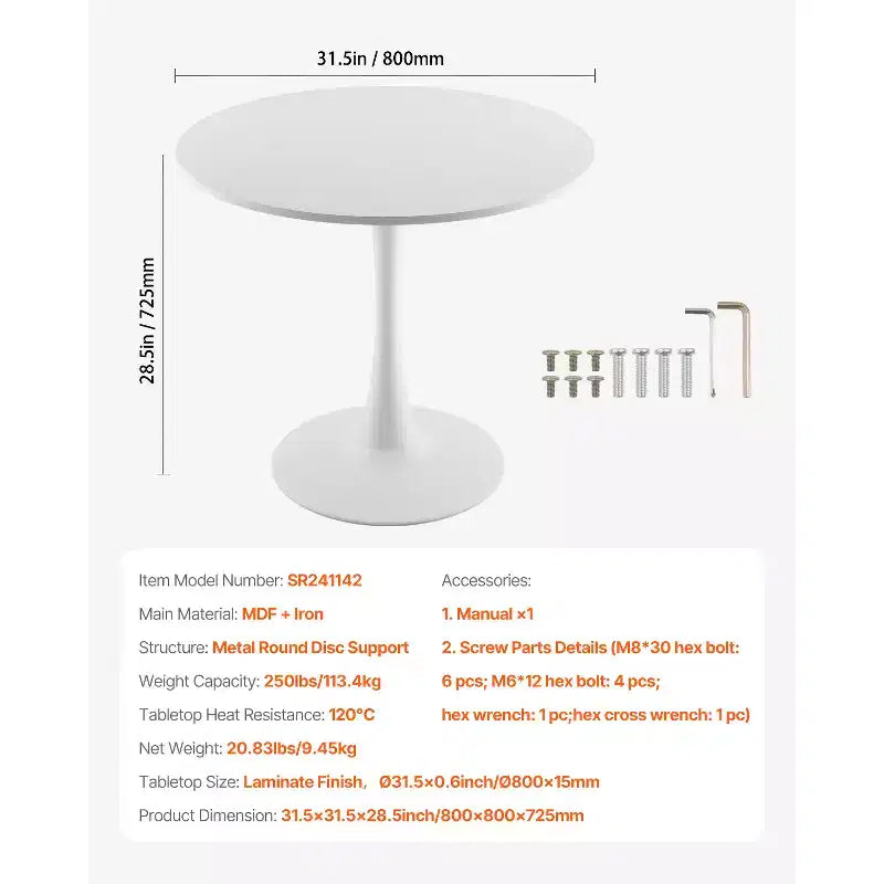 Tavolo da pranzo rotondo, 80 cm, per 2–4 persone, base a piedistallo bianca