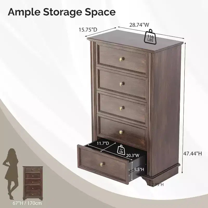 Comò in legno a 5 cassetti con guide ammortizzate