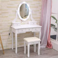 Vanity Desk with Mirror and Lights, Wood Makeup Dressing Table with Oval Mirror & Stool,3 Colors Lighting Modes,(White)