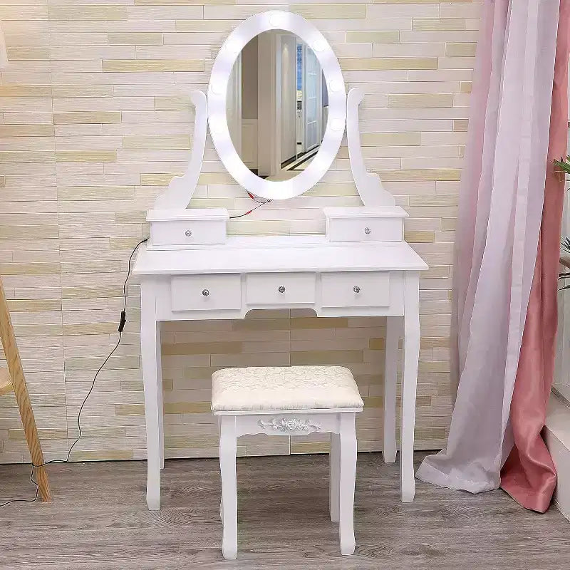 Toeletta in legno con specchio, luci e sgabello – Bianca
