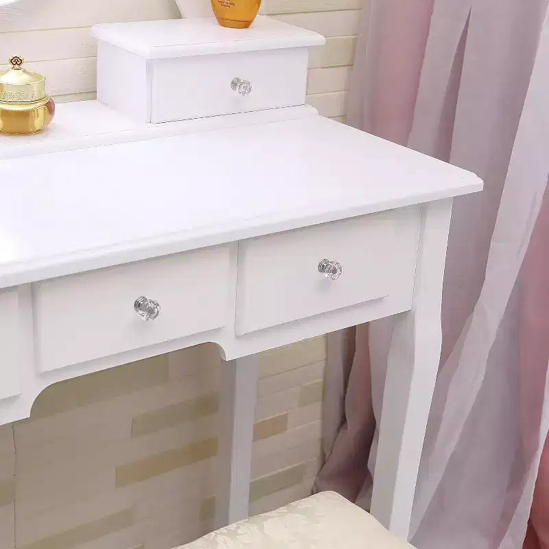 Toeletta in legno con specchio, luci e sgabello – Bianca