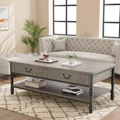 41 inch Coffee Table with 2 Drawers & Open Shelf, Vintage Farmhouse Rectangle Center Table with Storage for Living Room, Easy Assembly & Cleaning