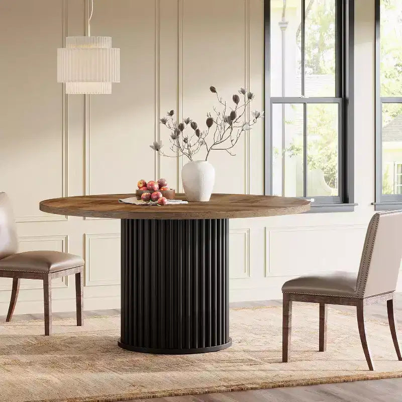 Lantine 47.24-Inch Round Dining Table for 4-6 People, Modern Fluted MDF + Metal Base Kitchen Table, Sturdy Circle Dining Room Furniture, Black