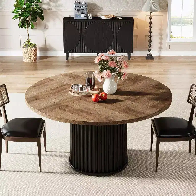 Tavolo da pranzo rotondo da 47 pollici per 4-6 persone, piano in legno e base a piedistallo in metallo