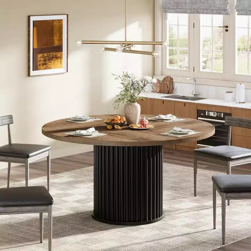 Tavolo da pranzo rotondo da 47 pollici per 4-6 persone, piano in legno e base a piedistallo in metallo