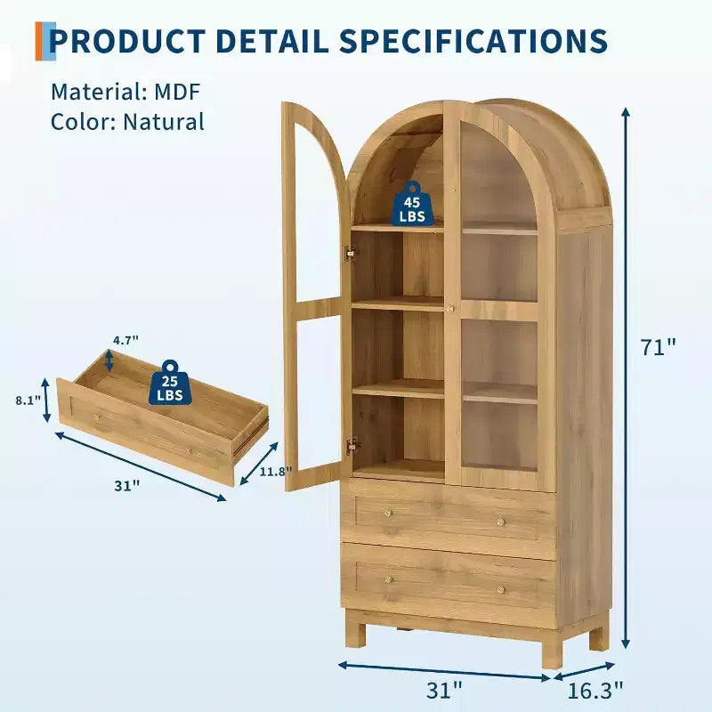 Dispensa ad arco alta 180 cm con ante in vetro e 2 cassetti