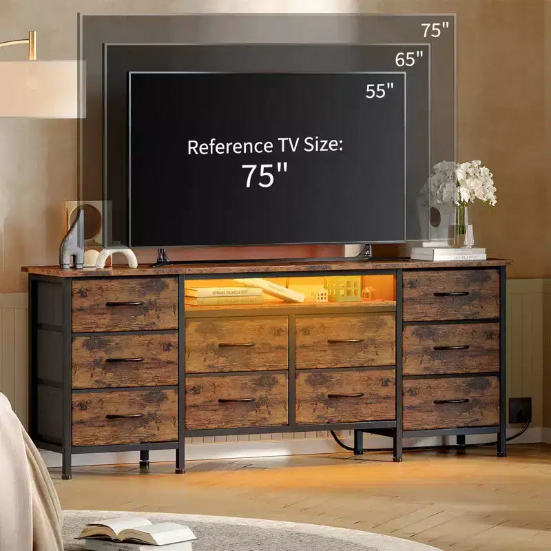Mobile porta TV da 63 pollici con 10 cassetti, luci LED e presa di corrente integrata