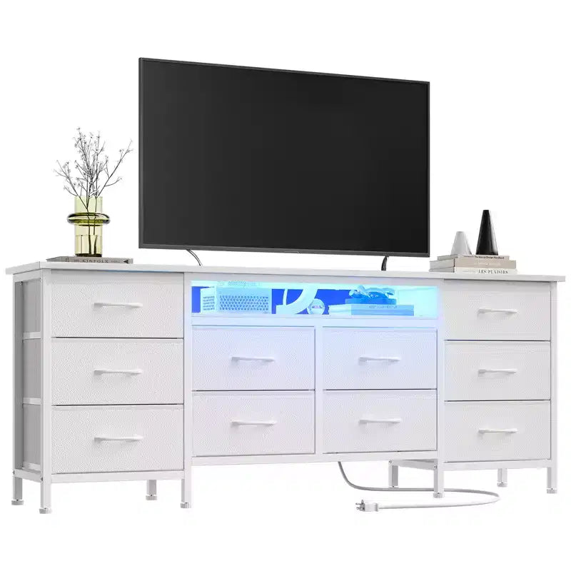 Mobile porta TV da 63 pollici con 10 cassetti, luci LED e presa di corrente integrata