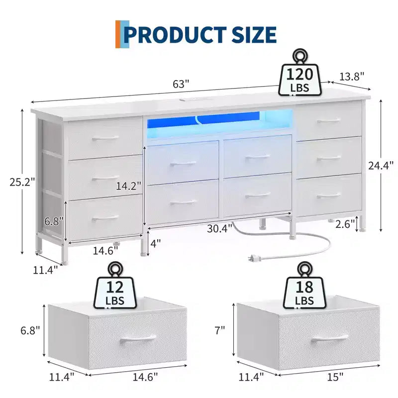 Mobile porta TV da 63 pollici con 10 cassetti, luci LED e presa di corrente integrata