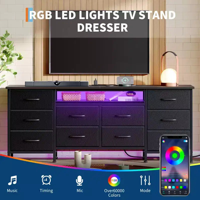 Mobile porta TV da 63 pollici con 10 cassetti, luci LED e presa di corrente integrata