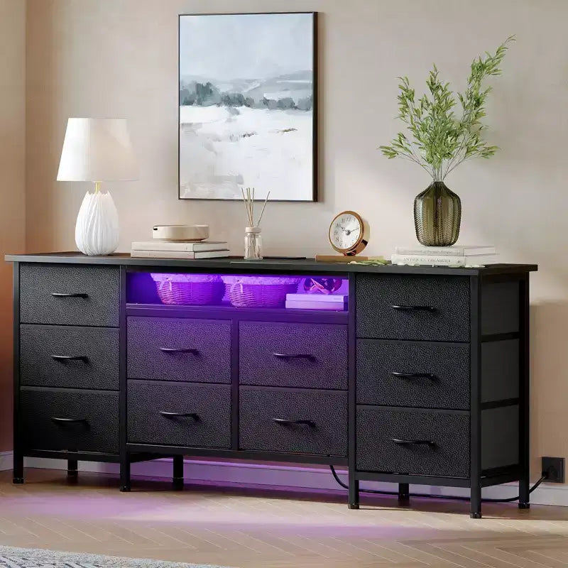 TV Stand for 65, 70, 75 Inch TV, 10 Drawer Long Dresser with Power Outlets, LED Lights, 63 Inch Entertainment Center TV Stand Dresser Storage Drawers