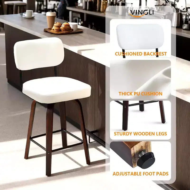 Sgabello da bar moderno con seduta in similpelle e gambe in legno massello – Altezza da bancone 26"