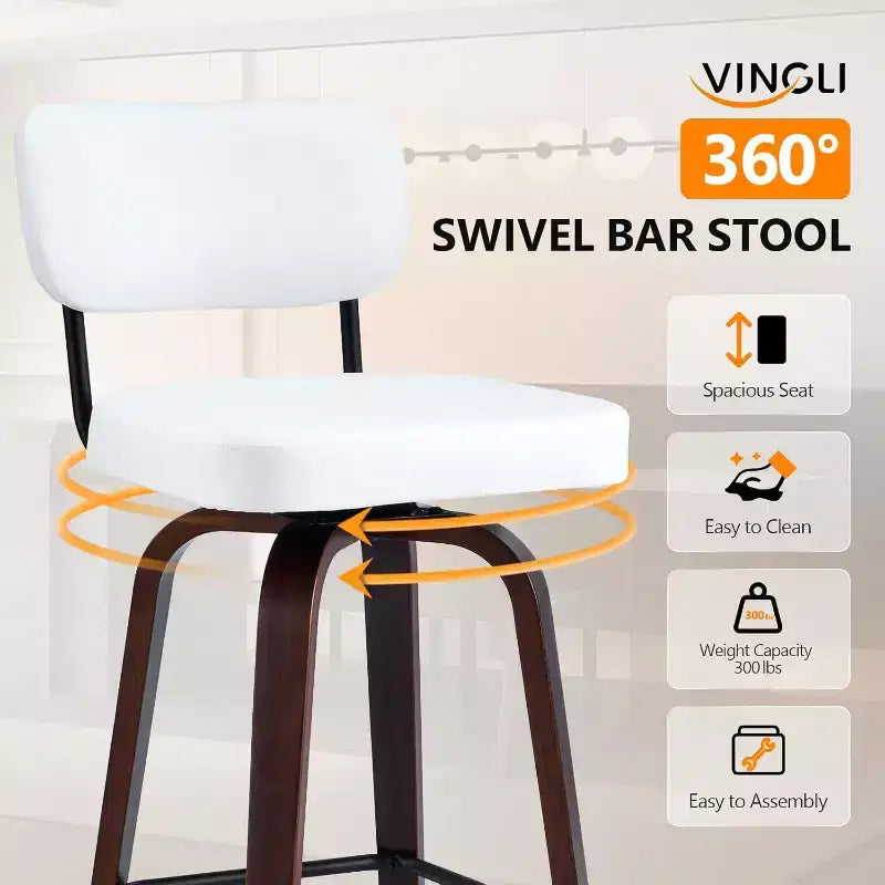 Sgabello da bar moderno con seduta in similpelle e gambe in legno massello – Altezza da bancone 26"