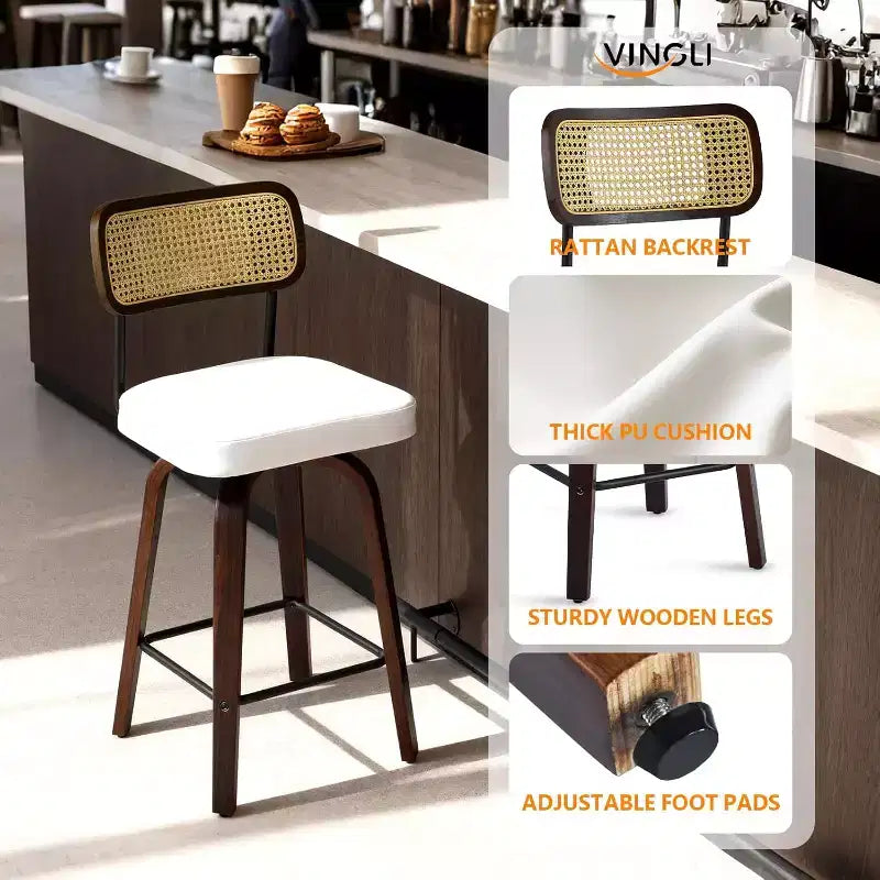 Sgabello da bar moderno con seduta in similpelle e gambe in legno massello – Altezza da bancone 26"
