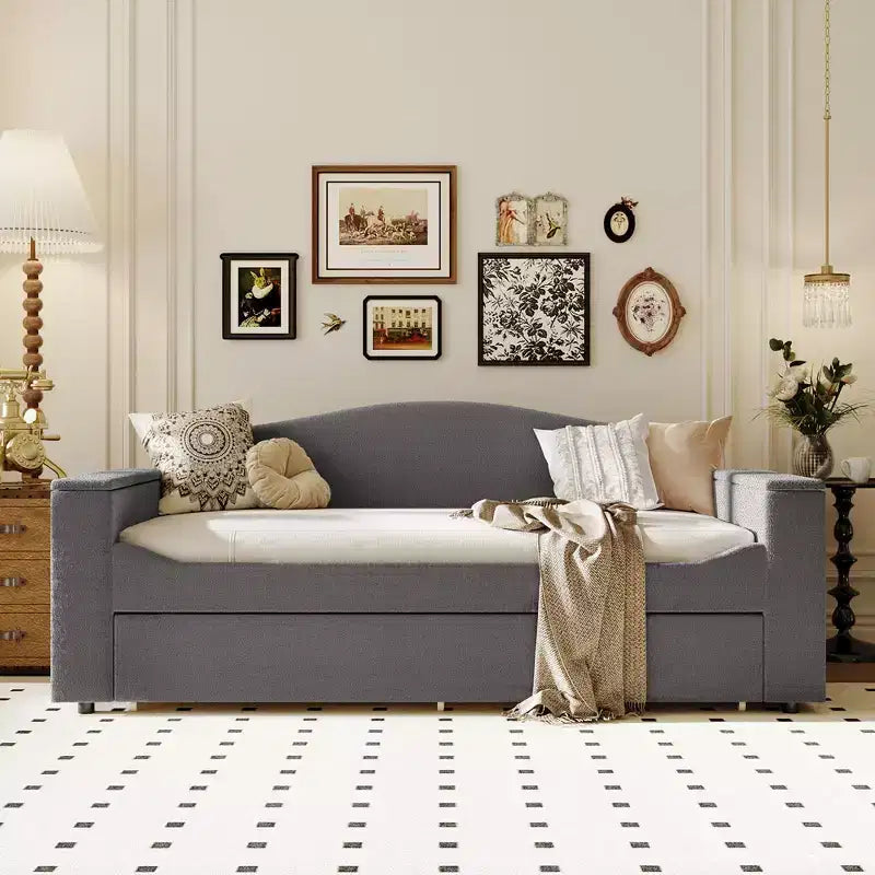 Divano Letto Imbottito con Letto Estraibile, Braccioli Contenitore e Audio Bluetooth