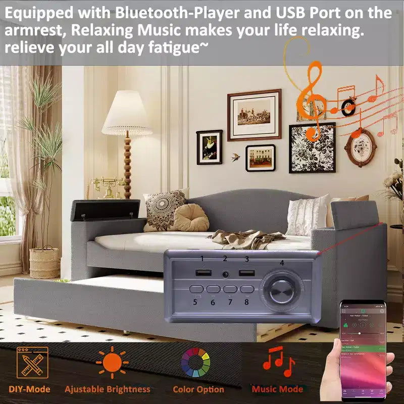 Divano Letto Imbottito con Letto Estraibile, Braccioli Contenitore e Audio Bluetooth