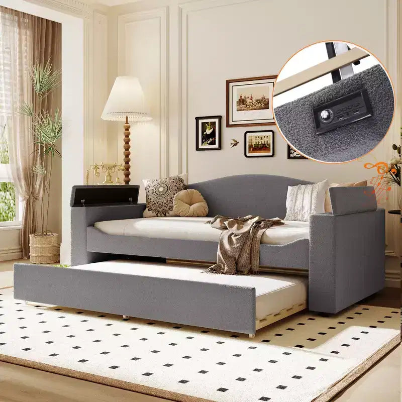 Divano Letto Imbottito con Letto Estraibile, Braccioli Contenitore e Audio Bluetooth
