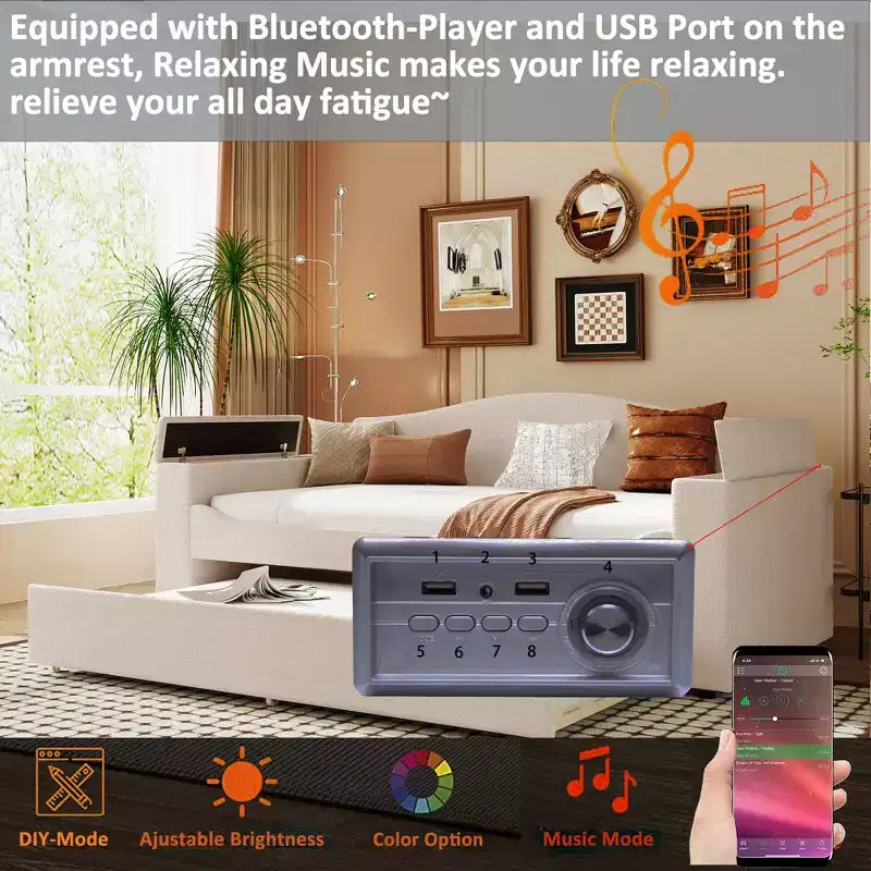 Divano Letto Imbottito con Letto Estraibile, Braccioli Contenitore e Audio Bluetooth