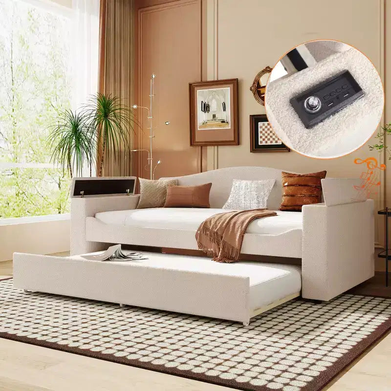 Divano Letto Imbottito con Letto Estraibile, Braccioli Contenitore e Audio Bluetooth