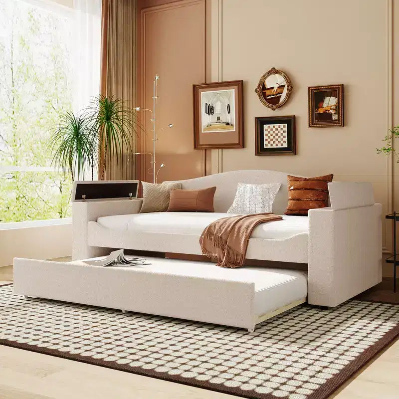 Full/Twin Upholstered Daybed with Trundle and Storage Armrests, Teddy Fleece Sofa Bed with Latest Integrated Bluetooth Audio System